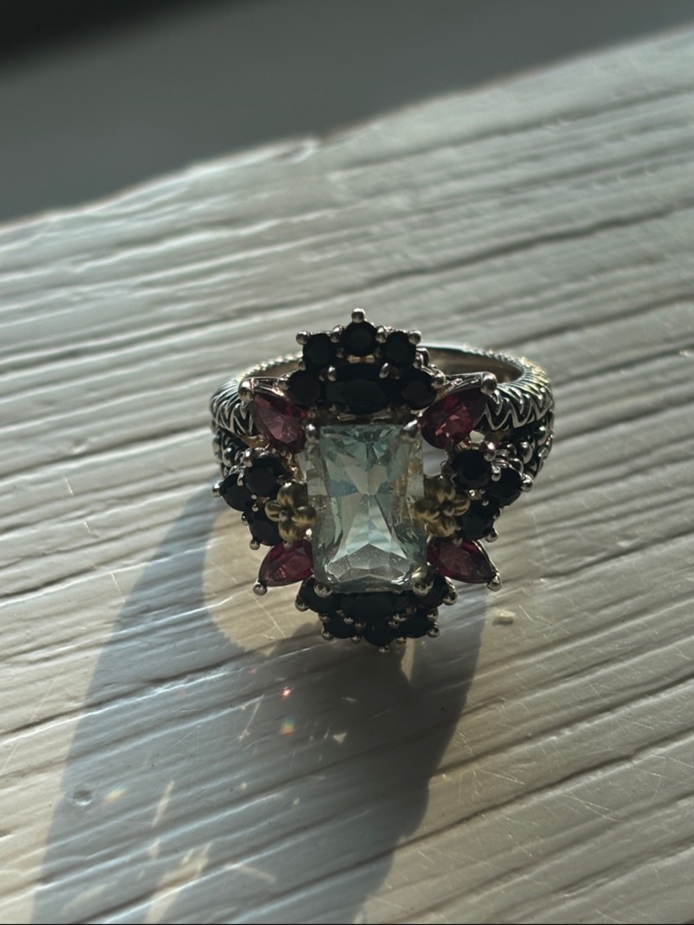 Barbara Bixby Sterling Silver and 18k Aquamarine and Garnet Cluster Ring
